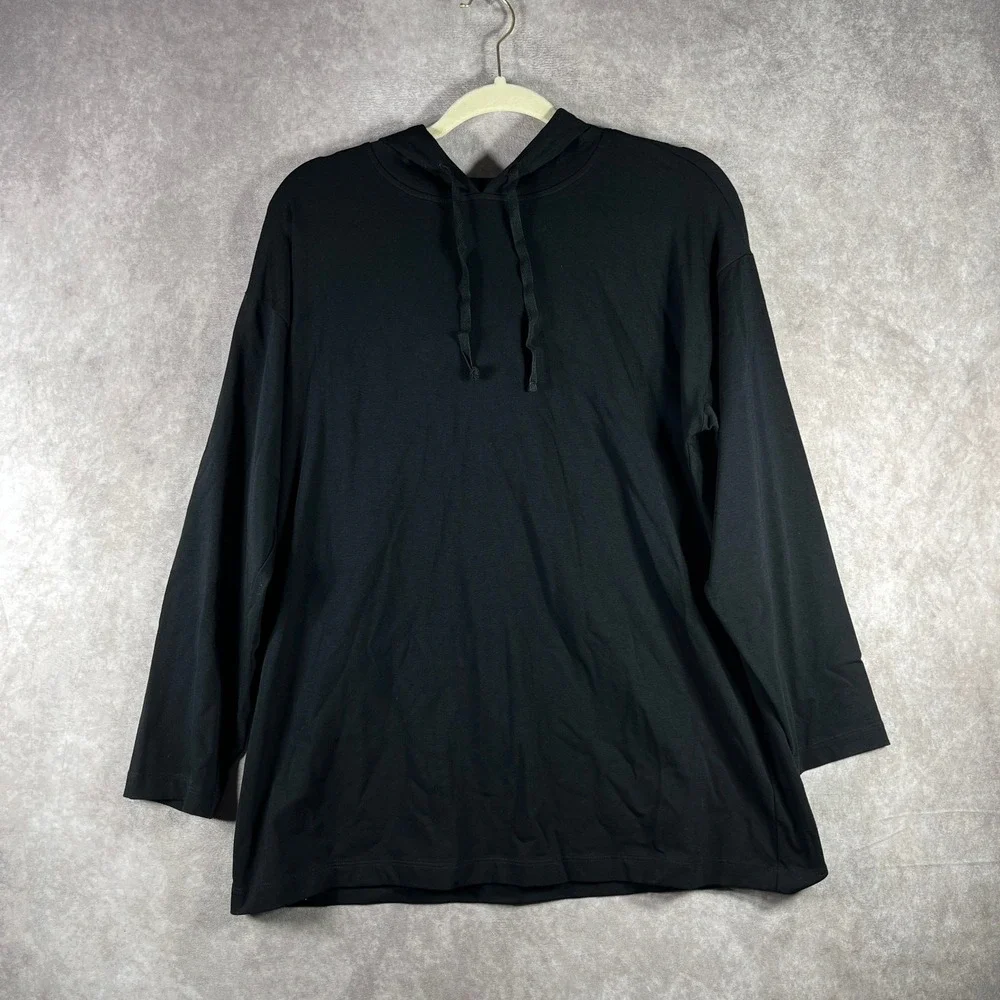 Eileen Fisher Hoodie Shirt Women Size PM Black Knit Long Sleeve Pullover Capsule
